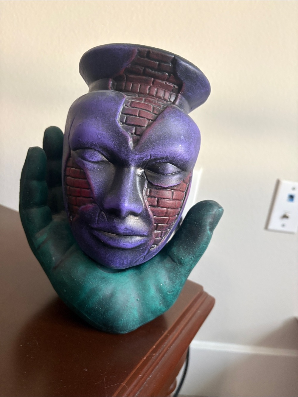 Purple and Green Abstract Face Sculpture - Hand Accent Home Art